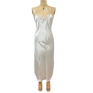 90s Lace Trim Slip Maxi Dress Satin Criss Cross Back Bridal Angelic Romantic M